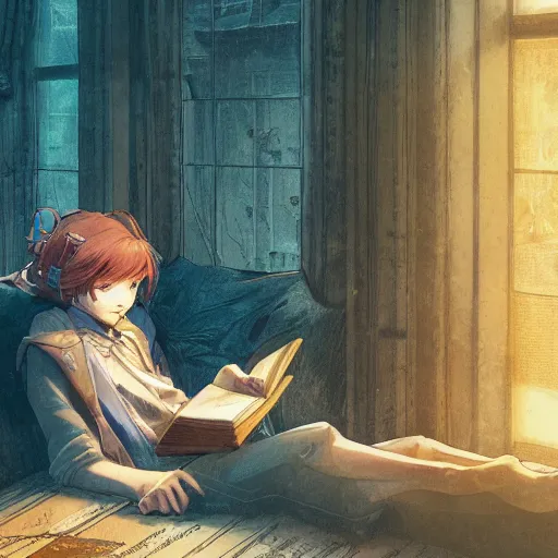 Image similar to a girl reading a book, hair flowing down, color page, 4 k, tone mapping, akihiko yoshida, james jean, andrei riabovitchev, marc _ simonetti, yoshitaka amano, digital illustration