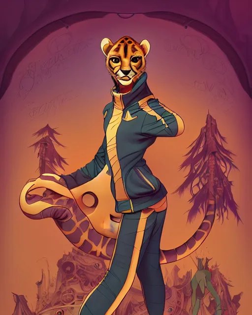 Prompt: don bluth, loish, artgerm, joshua middleton, steampunk, clockpunk anthropomorphic cheetah, wearing a track suit, smiling, symmetrical eyes symmetrical face, colorful animation forest background