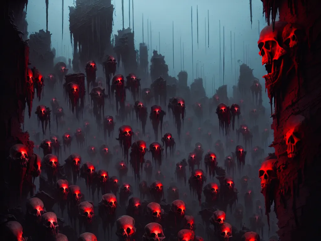 Image similar to A wall made of bleeding skulls, dramatic lighting, cinematic, establishing shot, high detail, cinematic lighting, post processed, 8k, concept art, artstation, matte painting, in the style of eddie mendoza, raphael lacoste, alex ross