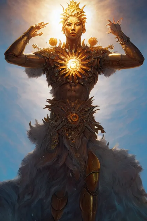 Image similar to humanoid god of the sun, highly detailed, d & d, fantasy, highly detailed, digital painting, trending on artstation, concept art, sharp focus, illustration, art by artgerm and greg rutkowski and magali villeneuve