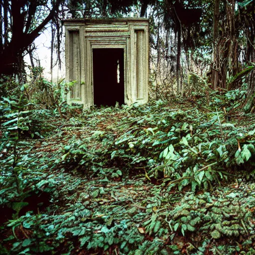 Image similar to beautiful 3 5 mm color photograph of an abandoned alien temple, overgrown with strange plants