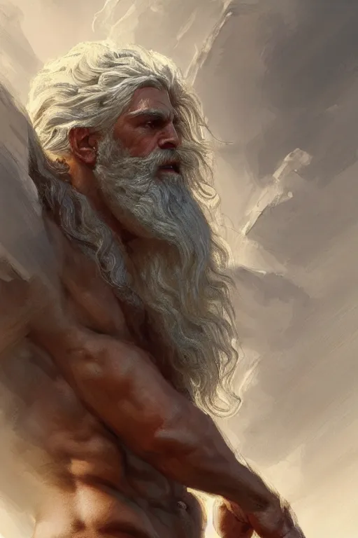 Image similar to painted portrait of rugged zeus, god of thunder, greek god, white hair, masculine, mature, handsome, upper body, muscular, hairy torso, fantasy, intricate, elegant, highly detailed, digital painting, artstation, concept art, smooth, sharp focus, illustration, art by gaston bussiere and greg rutkowski