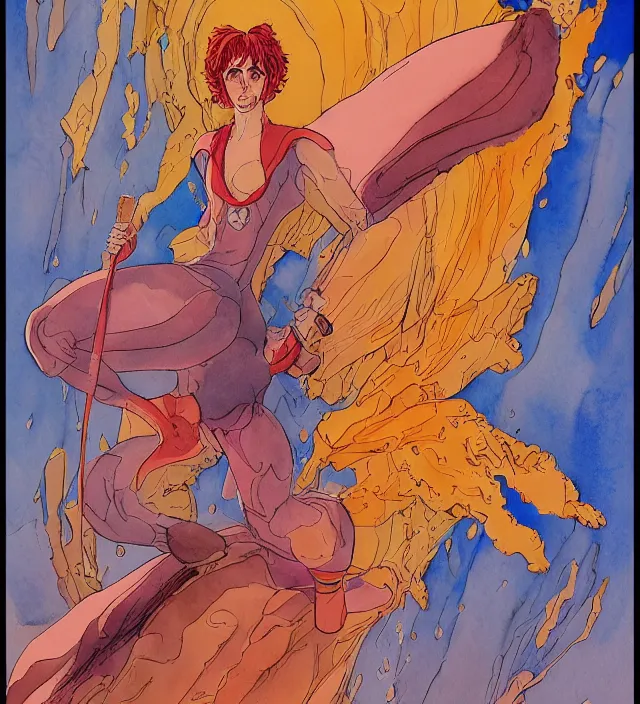 Image similar to a 3 / 4 view watercolor ink painting of velma as a god of destruction in the style of jean giraud in the style of moebius trending on artstation deviantart pinterest detailed realistic hd 8 k high resolution