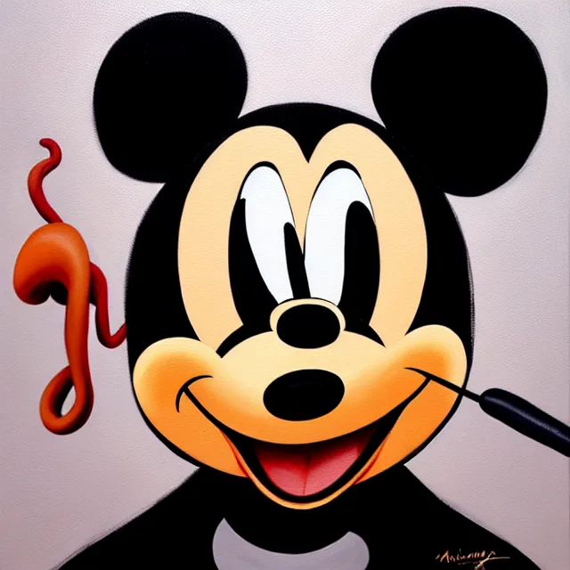 Image similar to an oil on canvas portrait painting of mickey mouse, polycount, surrealism, surrealist, lovecraftian, cosmic horror, high detail