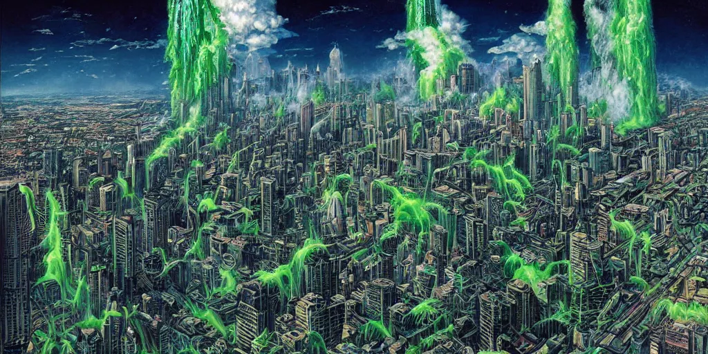 Prompt: green slime falling from clouds like a waterfall onto a city below, by dan mumford, moebius, yukito kishiro, barclay shaw, karol bak, jean baptiste monge, high quality, high resolution