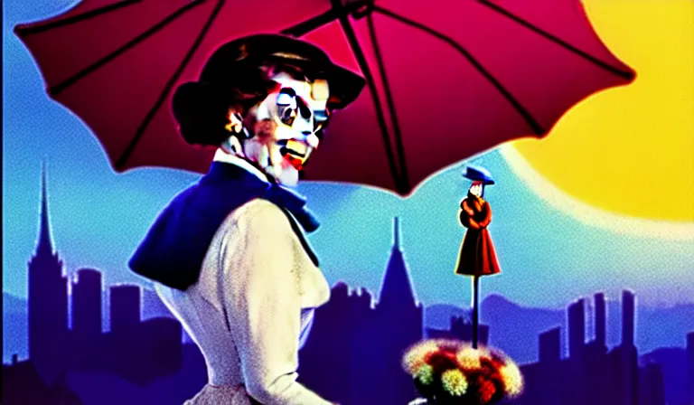 Image similar to a beautiful and immaculate young julie andrews as mary poppins. synthwave, night time, detailed. trending on artstation. recommended for you behance. by chris moore. by edward hopper., beeple colors, metropolis filmic. gotham city.