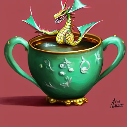 Image similar to tiny jeweled dragon sitting in a teacup, painting by artgerm