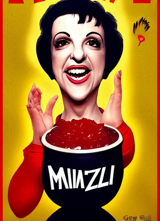 Prompt: highly detailed comedy caper movie poster with laughing liza minnelli face in a big bowl of jelly, face inside jelly by greg rutkowski