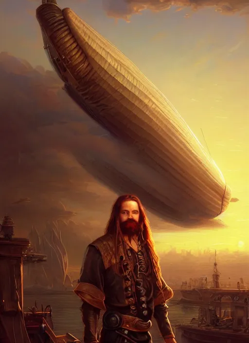 Image similar to portrait painting of a handsome rugged long hair crimson hair male pirate, top half portrait soft hair steampunk ornate zeppelin blimp airship in the background sky sunset golden hour art by raphael lacoste and stephan martiniere greg rutkowski gaston bussiere fantasy soft hair trending on artstation deviantart book cover art dramatic volumetric lighting, 4 k, award winning