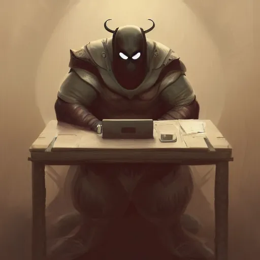 Image similar to a insanely detailed painting of a fat masked superhero wearing a costume sitting at a desk, staring at the nervously at the computer and clicking on the mouse, in the style of peter mohrbacher, dramatic lighting and composition, trending on artstation, concept art, comic book