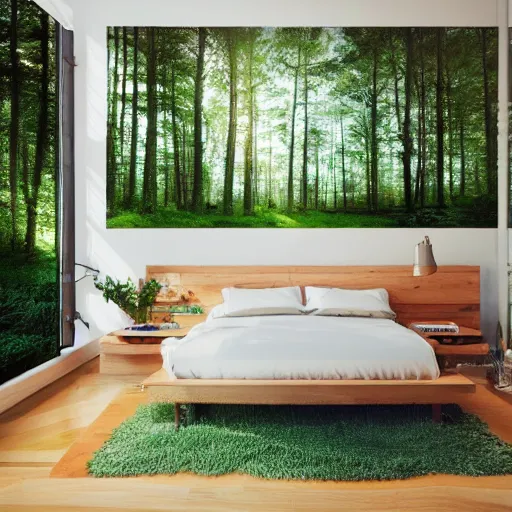 Image similar to a forest themed bedroom, trending on artstation, hdr, instagram photo