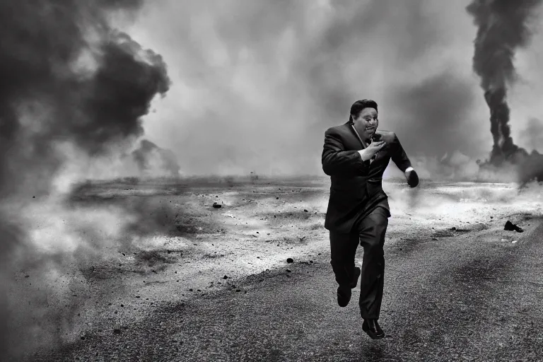 Prompt: ron desantis running from an explosion in the background, medium long shot, cinematic, 2 0 mm lens, photograph