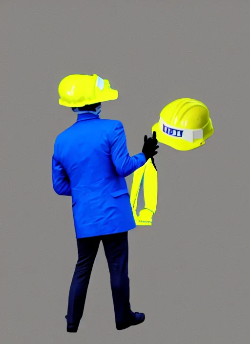 Image similar to emmanuel macron wearing hivis coat, hard hat and rubber gloves, digital art