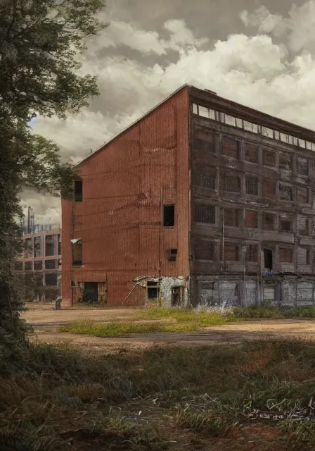 Image similar to of a summer day at the abandoned warehouse, Arnold Render, detailed,