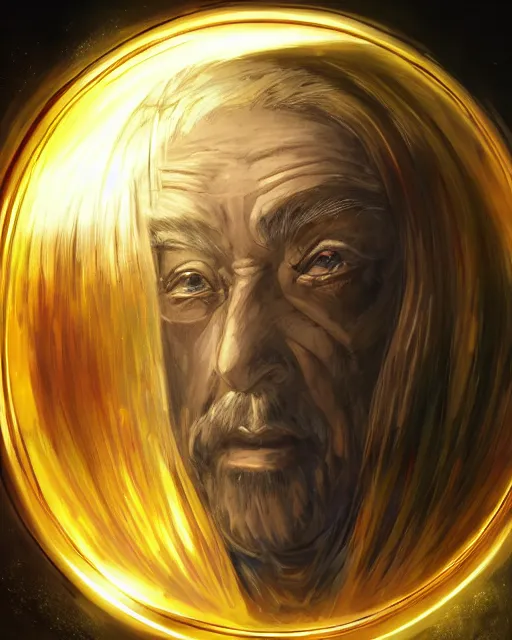 Image similar to An old man looking into a golden mirror, close-up, fantasy art, male art, in the style of masami kurumada, illustration, epic, fantasy, intricate, hyper detailed, artstation, concept art, smooth, sharp focus, ray tracing