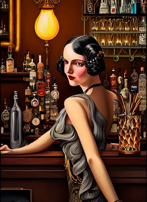 Prompt: hyperdetailed a young sophisticated long hair woman as a beautiful bar patron, Maximalism cozy dimly-lit 1920s speakeasy bar, drinking at the bar, dystopian retro 1920s vibe, relaxed pose, wild, highly detailed, digital painting, artstation, sharp focus, illustration, detailed painterly digital art style by Dan Mumford, vibrant deep colors, 🍸, 8k octane beautifully detailed render, post-processing, extremely hyperdetailed, Art Nouveau, masterpiece