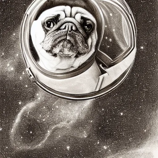 Image similar to pencil art, golden - ratio, spirals, highly detailed, panorama, astronaut pug in outer space by davinci.