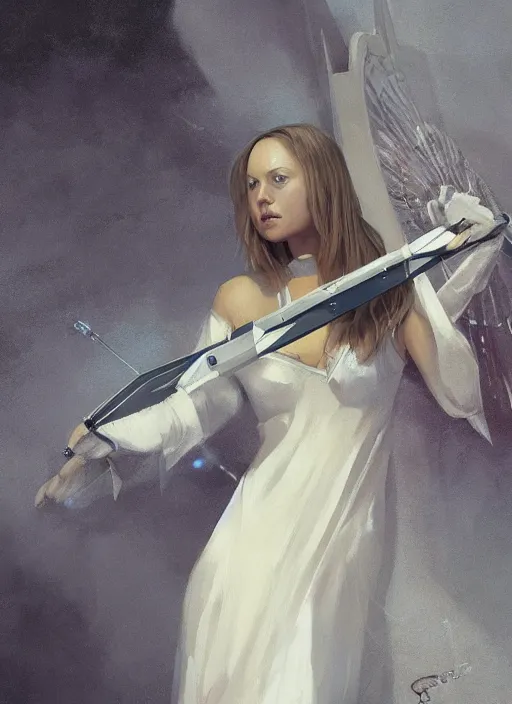 Prompt: upper body portrait of a beautiful maiden in a nightgown holding a futuristic crossbow, award winning, masterpiece digital painting by greg rutkowski, alex grey, artstation, 4 k wallpaper,