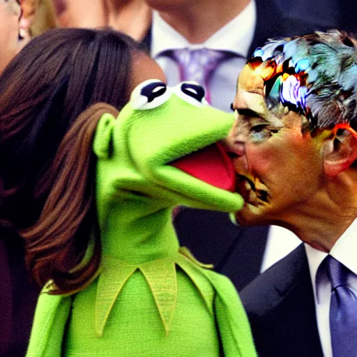 Prompt: Kermit and Obama kissing, Michelle Obama is in the background horrified