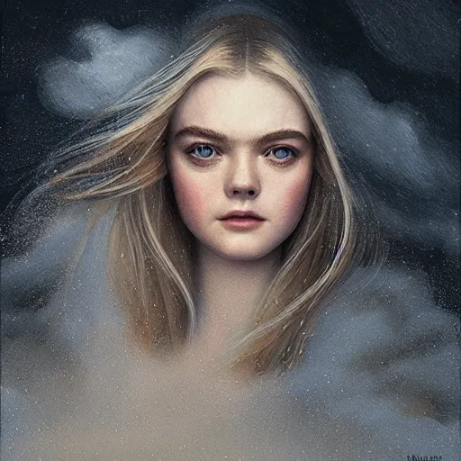 Prompt: professional painting of Elle Fanning in the style of Yoann Lossel, head and shoulders portrait, symmetrical facial features, smooth, sharp focus, illustration, intricate, stormy weather, extremely detailed masterpiece,