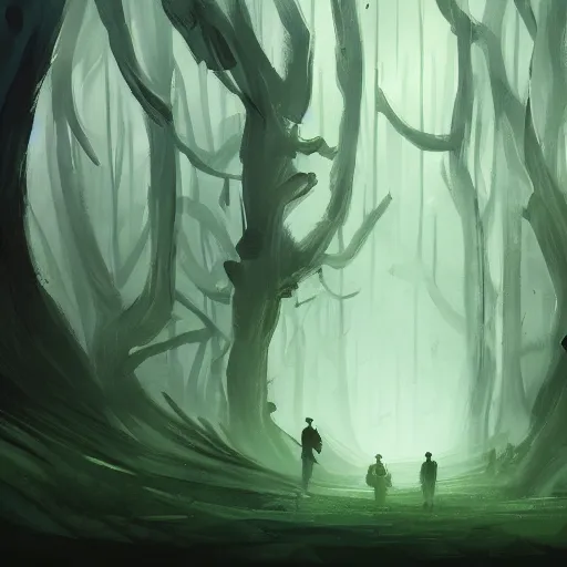 Prompt: a group of people standing in a dark forest, concept art by vincent proce, trending on cgsociety, sots art, lovecraftian, concept art, 2 d game art
