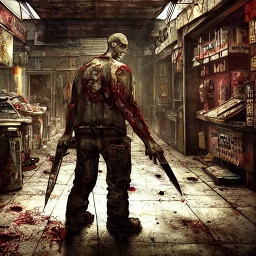 Prompt: fallout 5, shopkeeper angry bloody horror zombie, portrait, indoors dilapidated store interior, atmospheric lighting, painted, intricate, volumetric lighting, beautiful, daytime, overcast weather, sharp focus, deep colours, ultra detailed, by leesha hannigan, ross tran, thierry doizon, kai carpenter, ignacio fernandez rios