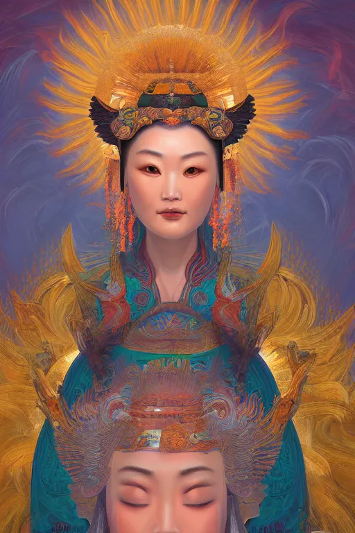 Image similar to oil painting, ancient chinese goddess, the incarnation of the sun bird, sunlit, paint texture, digital painting, highly detailed, artstation, sharp focus, illustration, concept art