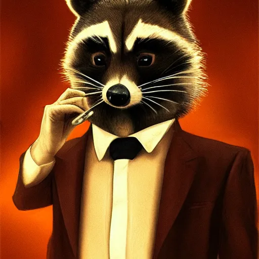 Image similar to a racoon wearing a suit smoking a cigar on his mouth, dramatic lighting, cinematic, establishing shot, extremly high detail, photorealistic, cinematic lighting, artstation, style by James Gurney