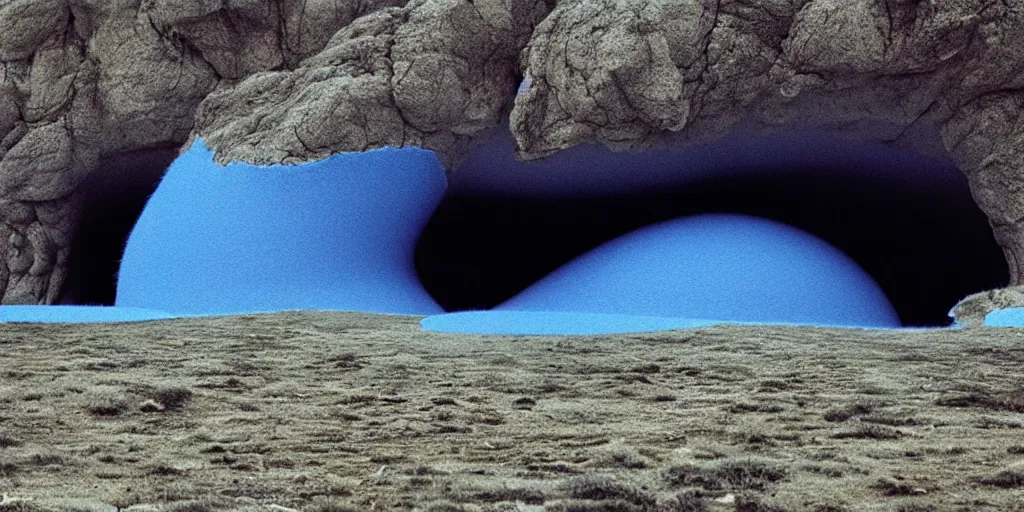 Prompt: a strange huge translucent pvc inflated organic architecture building with blue fluffy fur inside by anish kapoor sits in the rock mountains, film still from the movie directed by denis villeneuve with art direction by zdzisław beksinski, close up, telephoto lens, shallow depth of field