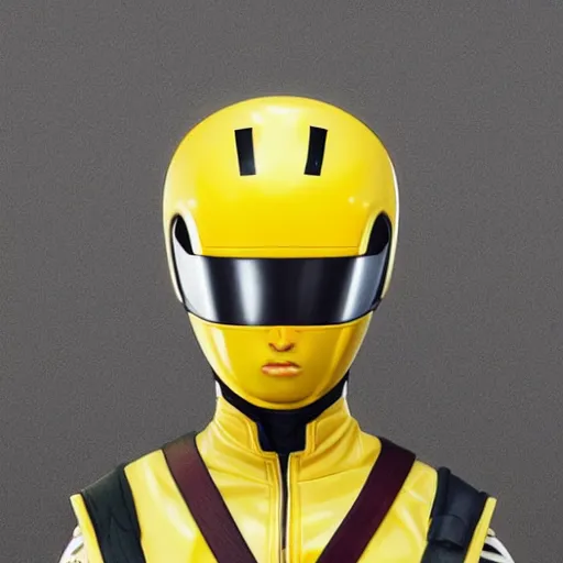 Prompt: symmetry!! portrait, head and body, yellow ranger, thunderbolt shaped eyeshade!!, artstation, art by murata, art by oda echiiro, art by tatsuki fujimoto, lightning helmet, 3 d, jumpsuit, gloves, futuristic poster,