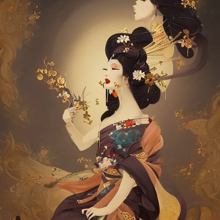 Prompt: asian geisha, by peter mohrbacher, intricate detail, artstation, artgerm, in the style of darkness fantasy, rococo, gold leaf art, rime lighting