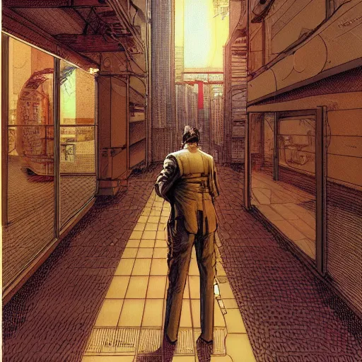 Image similar to Digital portrait of a scientist by Enki bilal and Moebius and francois Schuiten, cyberpunk, impressive perspective, aesthetic, masterpiece