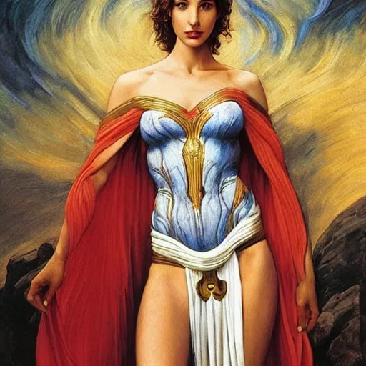 Prompt: Full body oil painting of the beautiful woman Gal Gadot, she is wearing some withe ancient roman cloths and a surreal ornate, her hair is natural disheveled, naturalism, dramatic lighting, high-detailed oil painting by Ilya Repin, Michelangelo da Caravaggio, William Blake, Alex Grey and Beksinski, trending on Artsatio, masterpiece, 4k, 8k,