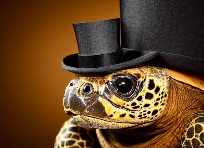 Image similar to photo still of a tortoise wearing a top hat and bowtie, 8 k, studio lighting bright ambient lighting key light, 8 5 mm f 1. 8