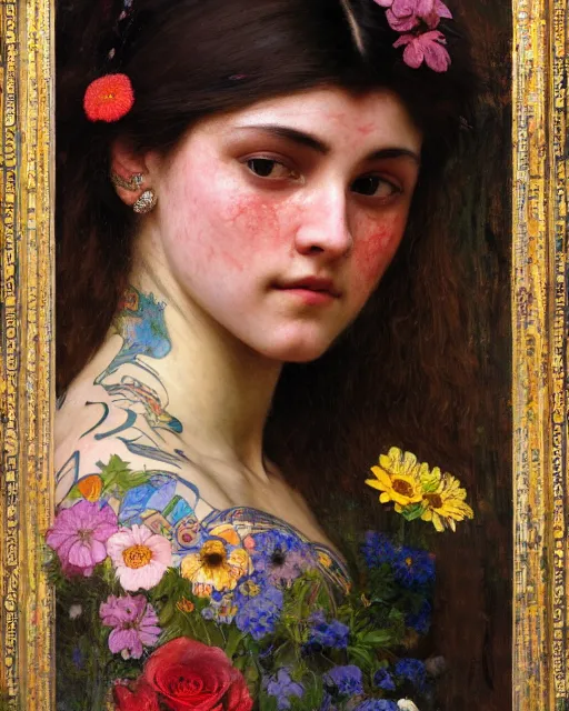 Image similar to a beautiful girl with tattoos surrounded by colourful flowers orientalist intricate portrait by john william waterhouse and edwin longsden long and theodore ralli and nasreddine dinet, oil on canvas. cinematic, hyper realism, dramatic lighting, high detail 8 k