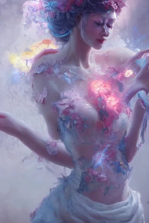 Image similar to face closeup of extremely beautiful girl necromancer, magical fairy exploding into flowers and ice, angels, 3 d render, hyper - realistic detailed portrait, holding fire and electricity rainbow, ruan jia, wlop. scifi, fantasy, magic the gathering, hyper detailed, octane render, concept art, peter mohrbacher