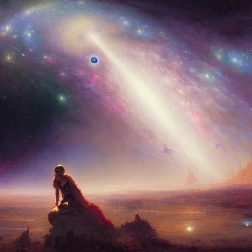 Image similar to a lonley and gloomy baby in middle of space surrounded by colorful stars planets and galaxies, high detail, by gaston bussiere, bayard wu, greg rutkowski, odd nerdrum, maxim verehin, dan dos santos, masterpiece, sharp focus, cinematic lightning