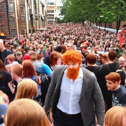 Image similar to a 7 0 foot tall ginger man walking among the crowd