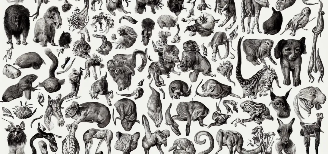 Image similar to animals and plants on a white background, high detail Illustration, Anatomical Drawing, Painting