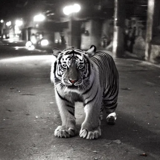 Prompt: retro photograph of a tiger smoking a cigarette in the streets of Dhaka at night, Kodak film photo