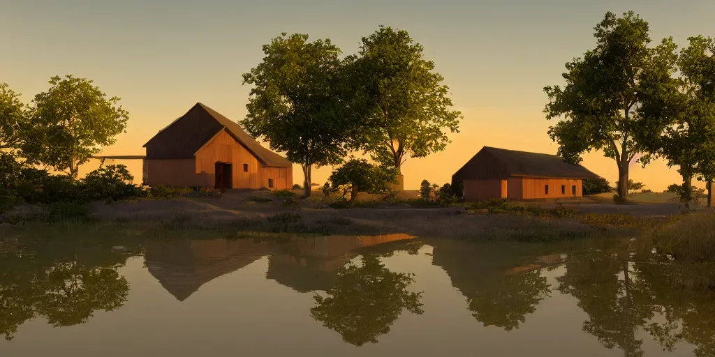 Prompt: a serene landscape with a singular building near a lake at sunset, Pixar style, anime style, soft lighting, path tracing, complementary colors, calm, natural lighting, high quality, 4k, low contrast, highly detailed, octane render, unreal engine 5