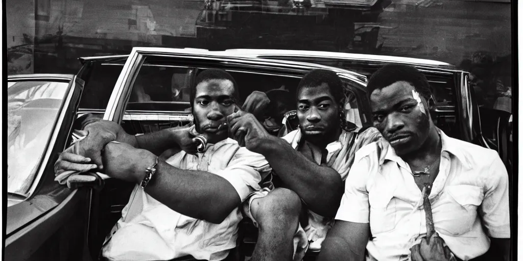 Image similar to bronx, black men sit in the 7 0 s car, holding a magnum, closeup, coloured film photography, bruce davidson photography