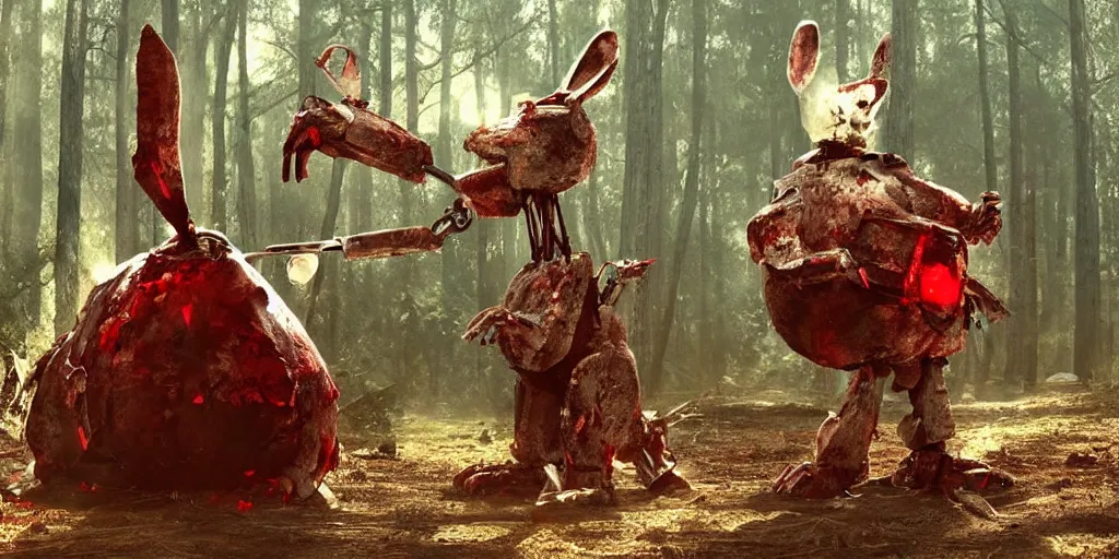 Prompt: horrifying huge robot - rabbit with blood dripping from it's mouth coming at you in old pine forest, movie scene, movie lighting, detailed, realistic