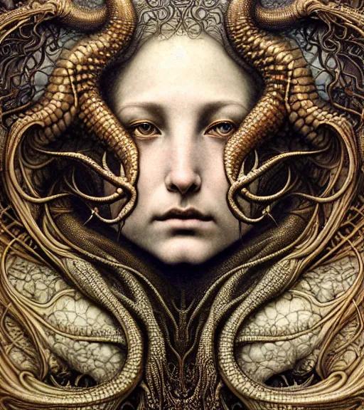 Image similar to detailed realistic beautiful dragon goddess face portrait by jean delville, gustave dore, iris van herpen and marco mazzoni, art forms of nature by ernst haeckel, art nouveau, symbolist, visionary, gothic, neo - gothic, pre - raphaelite, fractal lace, intricate alien botanicals, ai biodiversity, surreality, hyperdetailed ultrasharp octane render