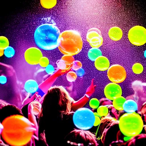 Image similar to concert photography where fans are all in plastic bubbles hyper realistic colorful light