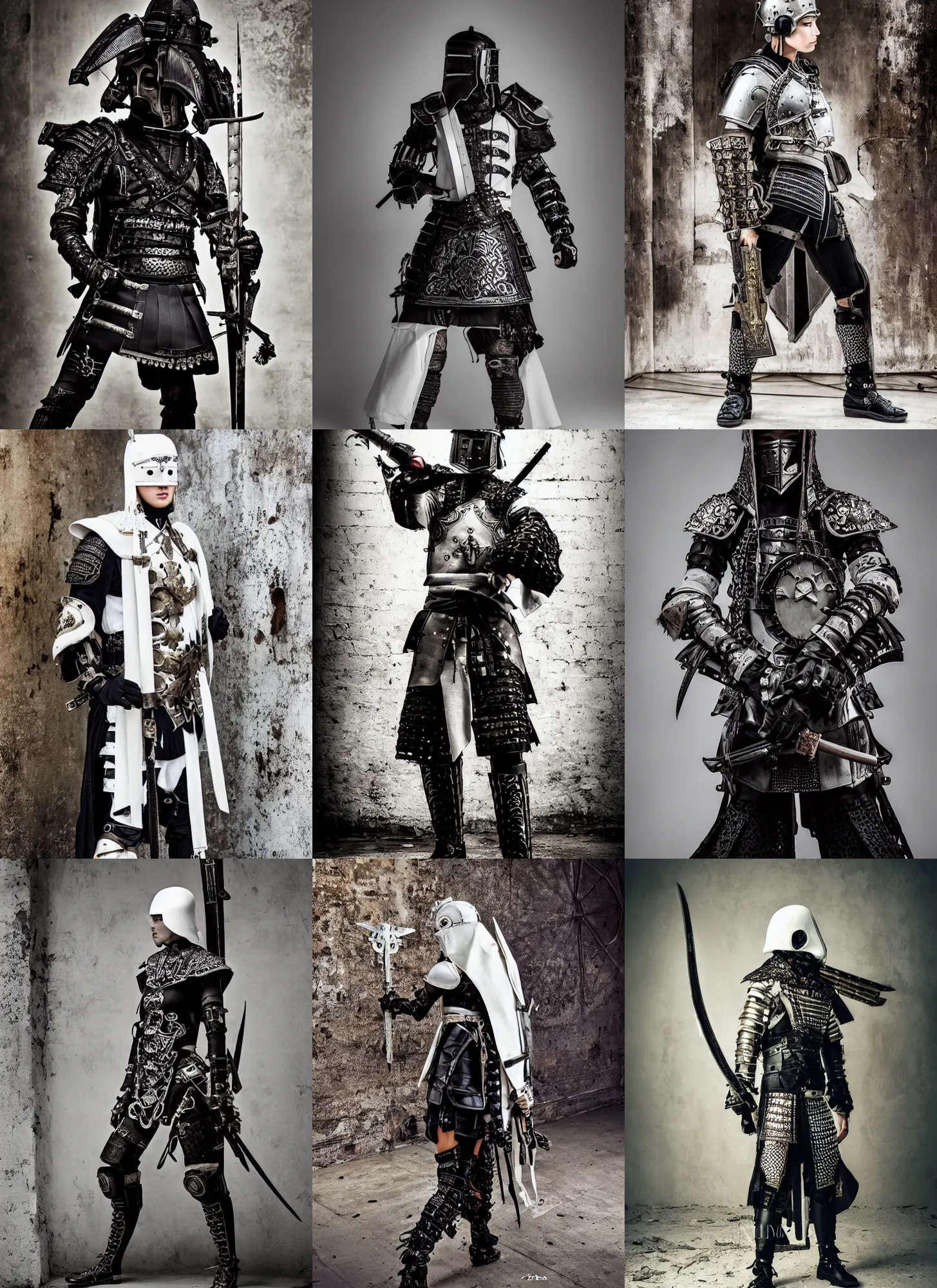 Prompt: fashion model with white ancestral ornate medieval tactical gear, black leather samurai garment, full shot fashion photography, dark abandoned cyberpunk factory, by irving penn and storm thorgerson, ren heng, peter elson,