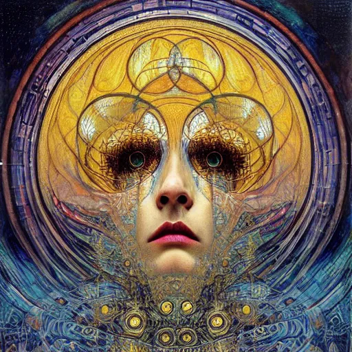 Image similar to Divine Chaos Engine portrait by Karol Bak, Jean Deville, Gustav Klimt, and Vincent Van Gogh, celestial, sacred geometry, visionary, mystic, fractal structures, ornate gilded medieval icon, spirals