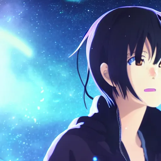 KREA - an anime face portrait of a music producer, in the background you  can see the universe. official art, key visual, studio lightning, very  detailed bd cover, Kimi no Na Wa