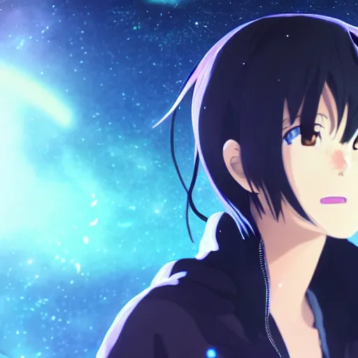 prompthunt: an anime face portrait of a music producer, in the background  you can see the universe. official art, key visual, studio lightning, very  detailed bd cover, Kimi no Na Wa, hyperrealistic