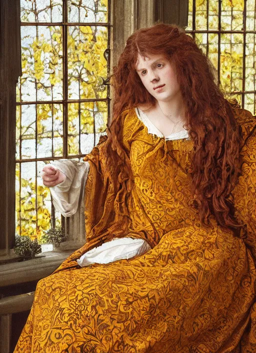 Image similar to preraphaelite photography reclining on bed, big brown fringe, yellow ochre ornate medieval dress, william morris, 4 k